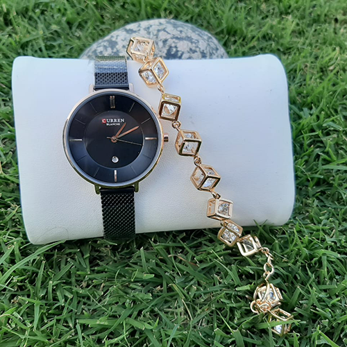 Creative Women Black Watch with Goldplated Cubic Bracelet - Eshaal Fashion