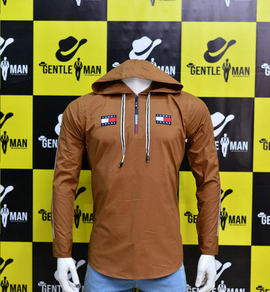 Stylish Light Brown Highlighted Men Shirt with hoodie