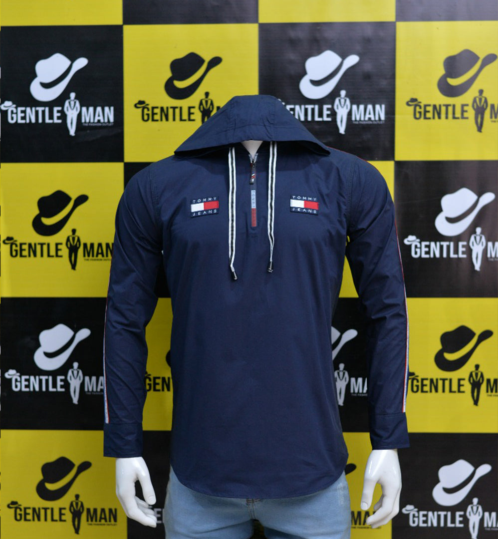 Fashionable Dark Blue Highlighted Men Shirt with hoodie