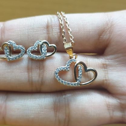 Goldplated Double Heart Shape Stones Necklace Set