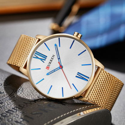 CURREN Luxury Copper Gold Stainless Steel Sport Clock Men Wrist watch - White Dial - Eshaal Fashion