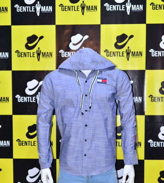 Fashionable Sky Blue Textured Check Men Shirt with Hoodie
