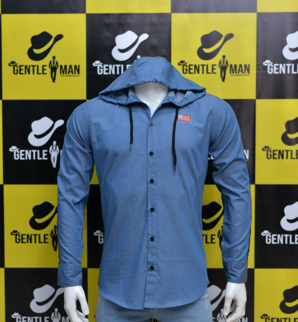 Fashionable Dark Highlighted Blue Men Shirt with hoodie