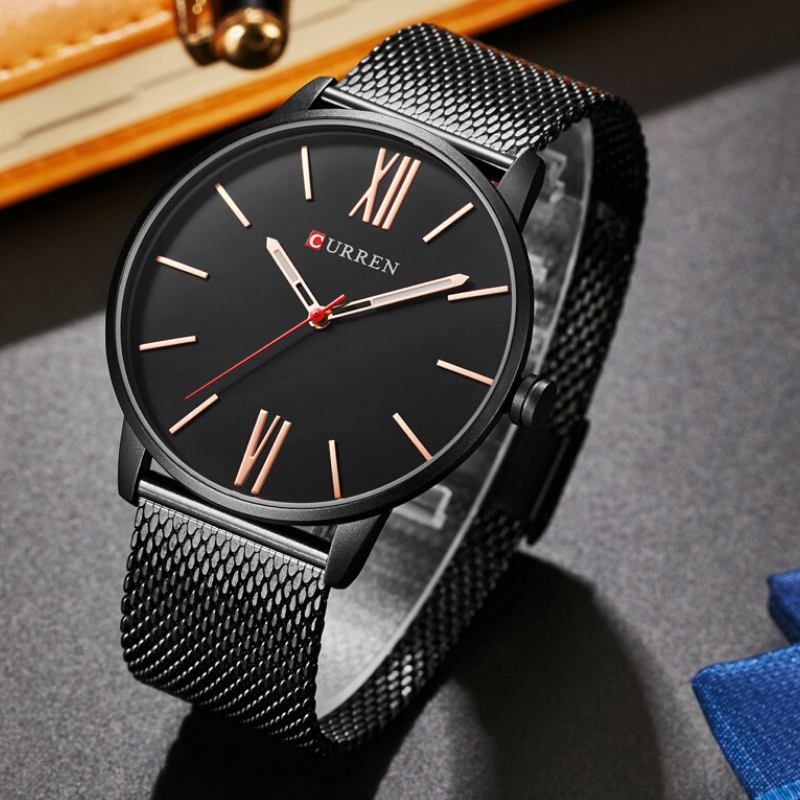 CURREN Luxury Black Stainless Steel Sport Clock Men Wrist watch - Black Dial - Eshaal Fashion