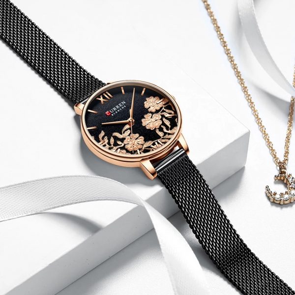 CURREN Stainless Steel Wristwatch for Women Rose Clock  Black Leather Belt - Eshaal Fashion