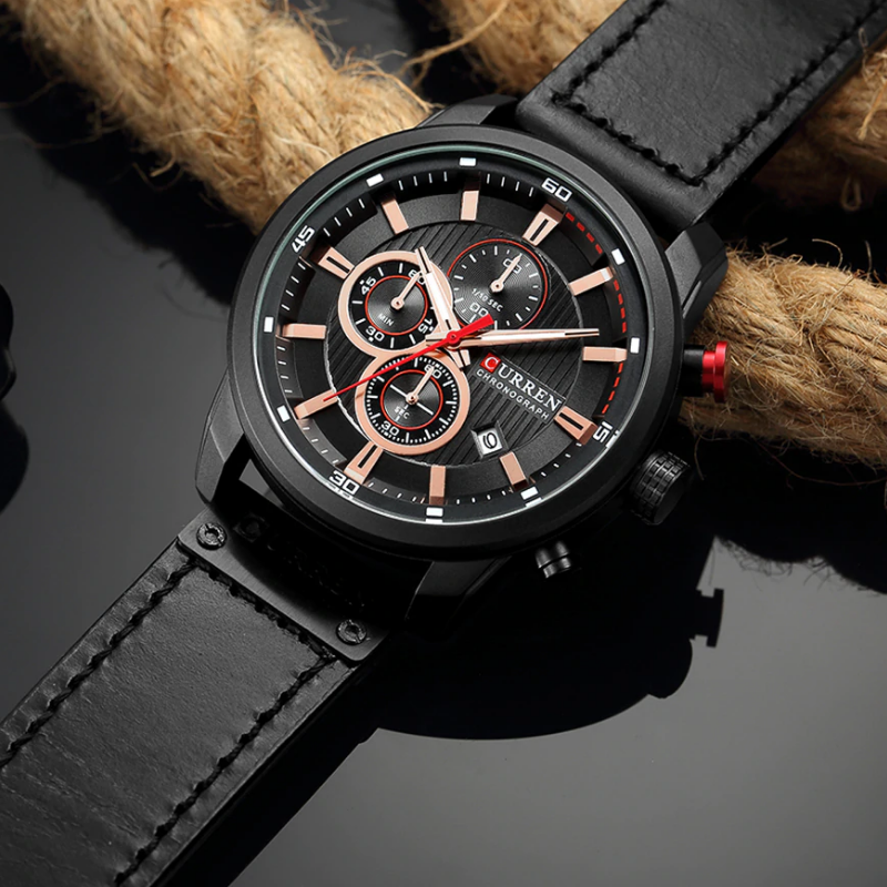 Curren All Black Leather – Chronograph! – 1 Year Warranty - Eshaal Fashion