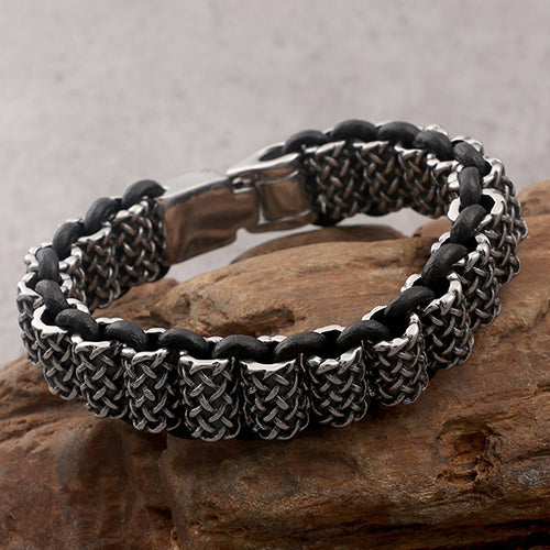Antique Leather and Silver Stainless Steel Bracelet For Men - Eshaal Fashion