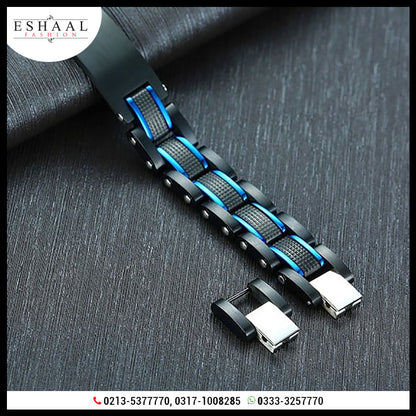 Black with Blue For Men Bracelet Heavy Chunky Stainless Steel Wristband - Eshaal Fashion
