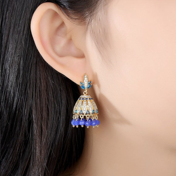 Blue Crystals with Goldplated Jhumki Earrings - Eshaal Fashion