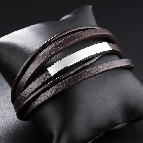 Brown with Silver Layers Genuine Leather Men Bracelet - Eshaal Fashion