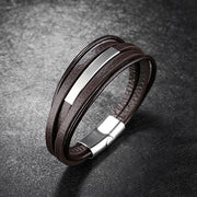 Brown with Silver Layers Genuine Leather Men Bracelet - Eshaal Fashion