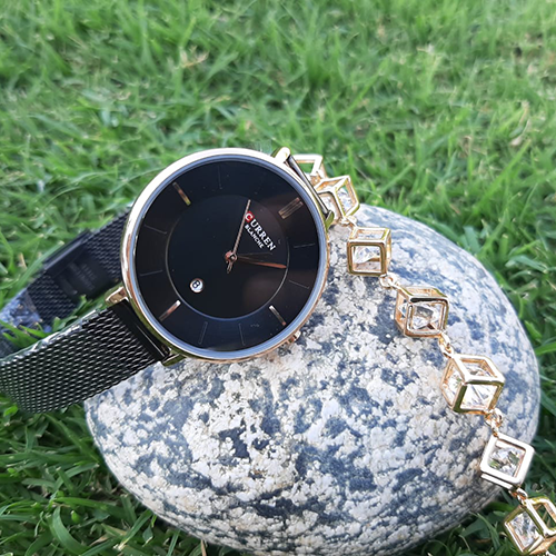 Creative Women Black Watch with Goldplated Cubic Bracelet - Eshaal Fashion