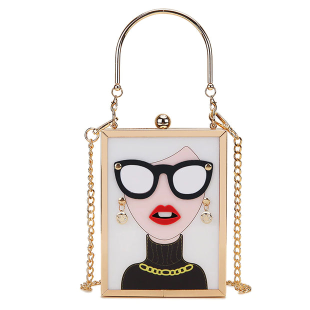 Get Acrylic Women With White Glasses Style Clutch With Long Chain