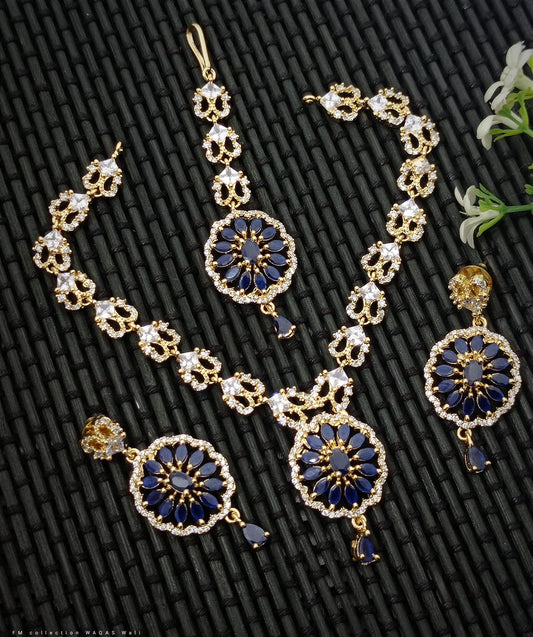 Get Beautiful Golden Blue Zircon Necklace Set