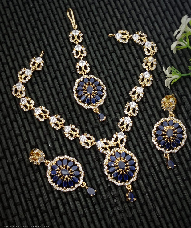 Get Beautiful Golden Blue Zircon Necklace Set