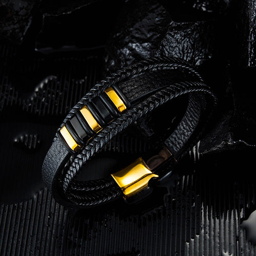 Golden with Black Genuine Leather Men Fashion Bracelet