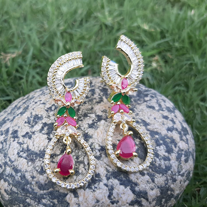 Goldplated Ruby Green Crystal  Stones Diamond Style Earrings