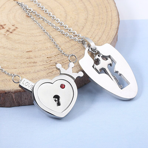 Crown Love Heart Necklaces Set Key Pendant Stainless Steel Couple Jewelry - Eshaal Fashion