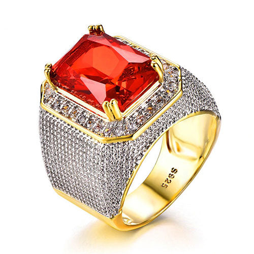 New Fashion Big Male Red Geometric Ring With Zircon Stone 18KT Yellow Gold Filled Large Wedding Rings For Men