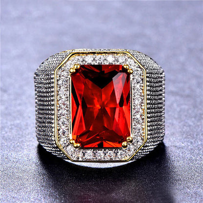New Fashion Big Male Red Geometric Ring With Zircon Stone 18KT Yellow Gold Filled Large Wedding Rings For Men