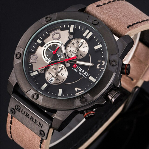 New Watches Men Luxury Brand CURREN Chronograph Grey Leather Strap