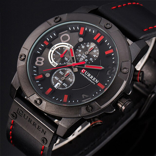 New Watches Men Luxury Brand CURREN Chronograph Black with Red Leather Strap