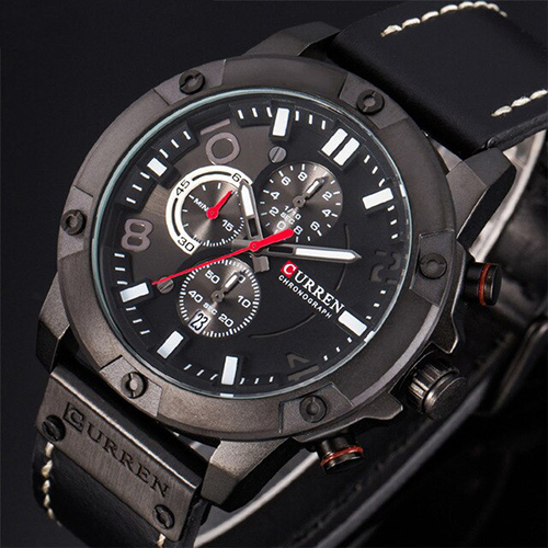 New Watches Men Luxury Brand CURREN Chronograph Black Leather Strap