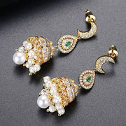 Stunning Pearl Jhumki Earrings with Green and Silver Stones