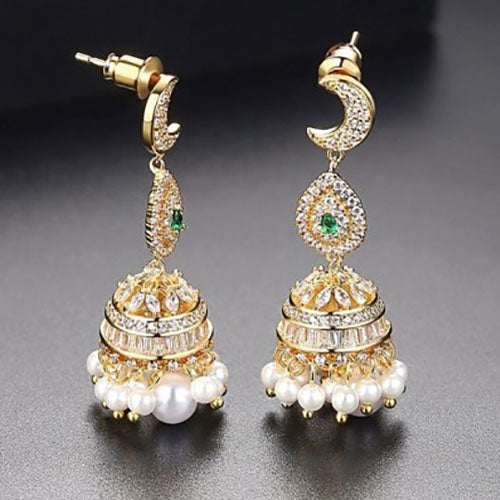 Stunning Pearl Jhumki Earrings with Green and Silver Stones