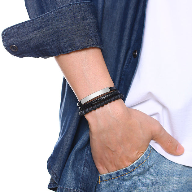 Get Exclusive Silver Leather Stainless Steel Men Bracelet