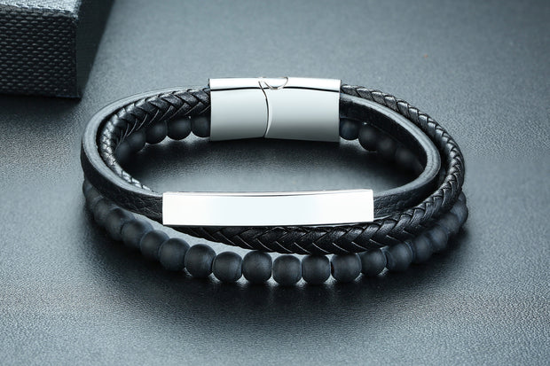 Get Exclusive Silver Leather Stainless Steel Men Bracelet