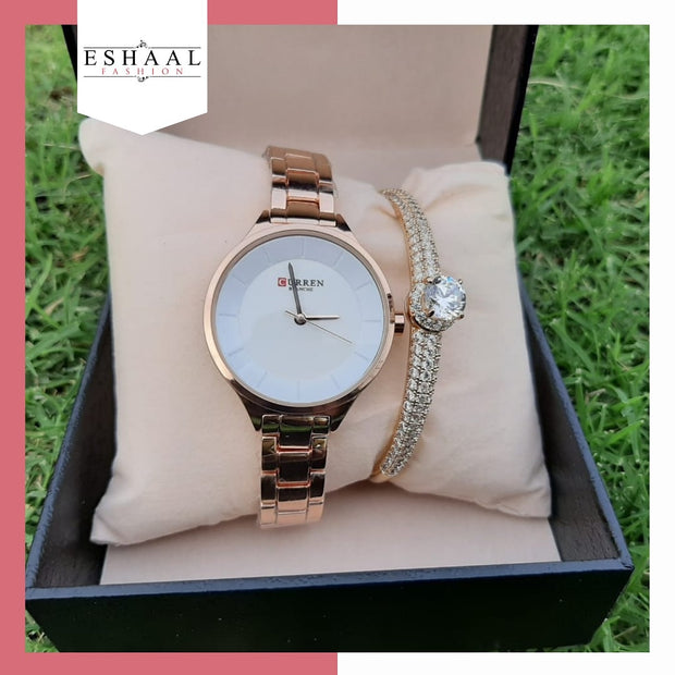 Pair Gold Plated Crystal Bracelet With Elegant Watch By Eshaal