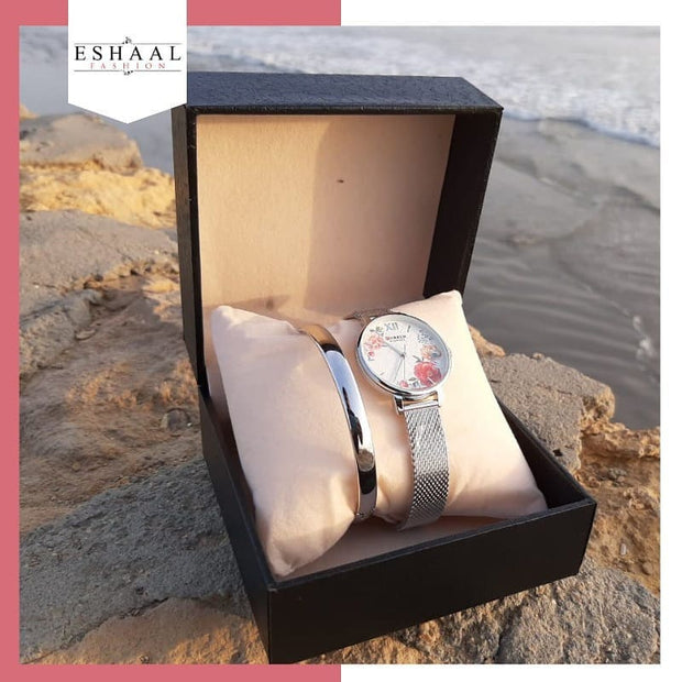 Silver Bangle with Silver Chain Watch Floral Dial STAINLESS STEEL  BRANDED ONE YEAR WARRANTY WATCH