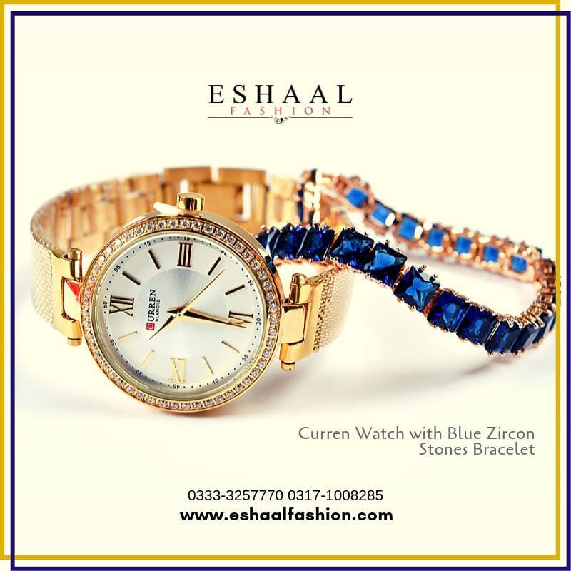 Curren Watch with Blue Zircon Stones Bracelet - Eshaal Fashion