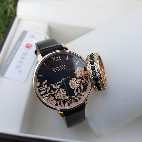 Black And Golden Watch with Ring Deal For Women - Eshaal Fashion