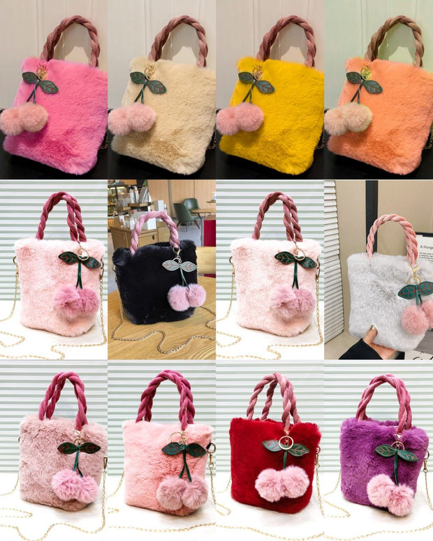 Fluffy Fur Bucket Style Girls Crossbody Bags