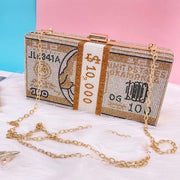 Get Exclusive Rhinestone Dollar Clutch with Long Chain