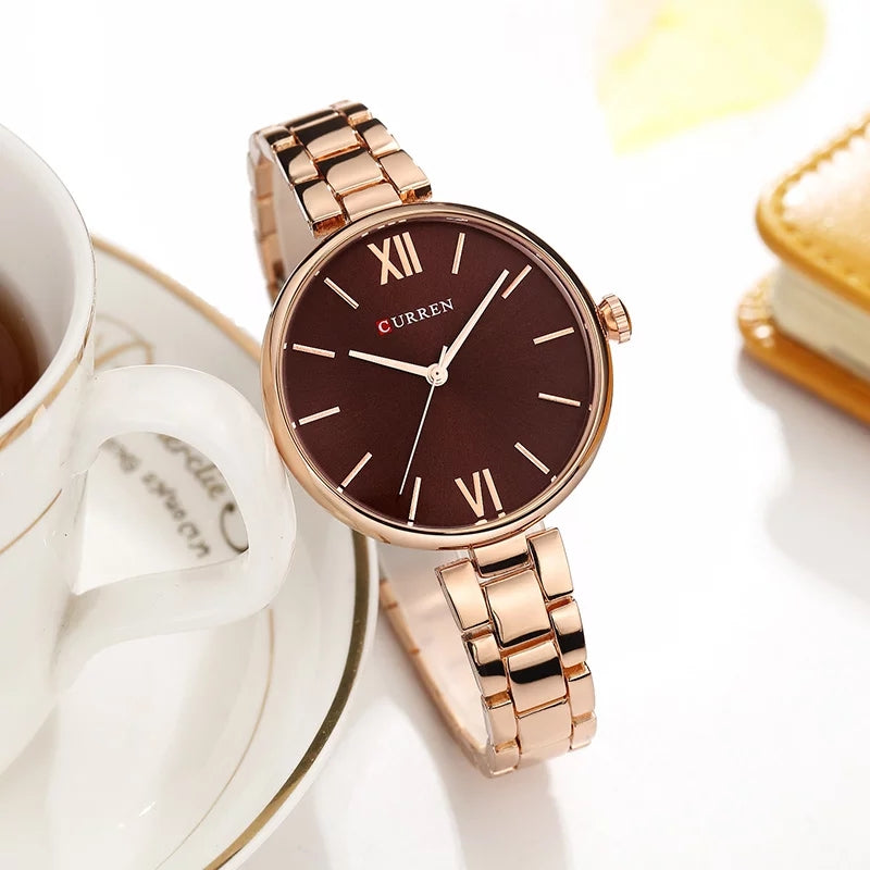 CURREN 9017 New Women Watches Luxury Brand Watch Copper Chain with Brown Dial - Eshaal Fashion