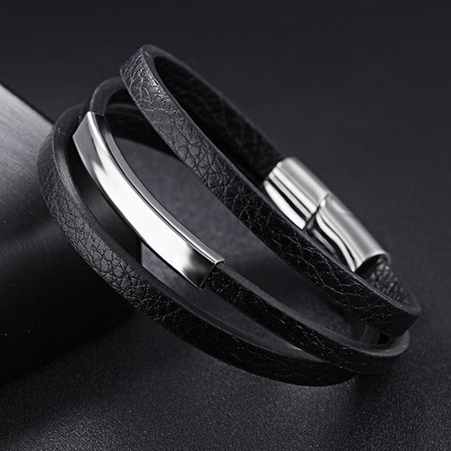 Three Style Genuine Leather Black Men Bracelet