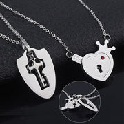 Crown Love Heart Necklaces Set Key Pendant Stainless Steel Couple Jewelry