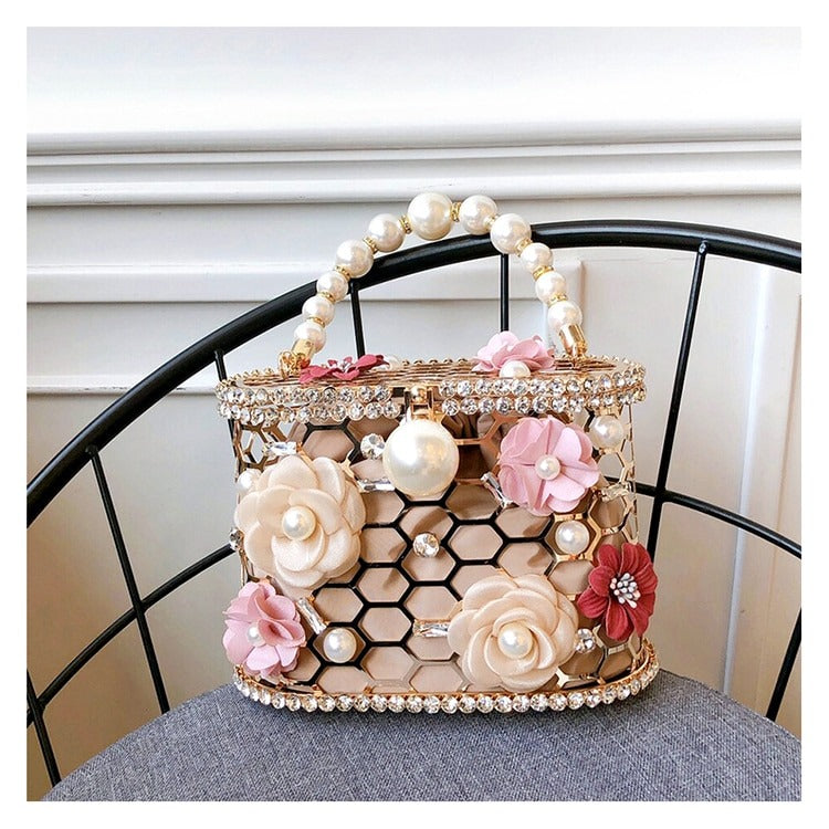 Get Beautiful Flower with Pearl Top Handle Clutch